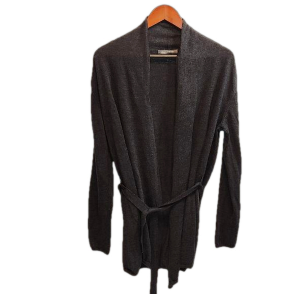 Marc O'polo black gray virgin wool open front long sleeve belted cardigan sz L